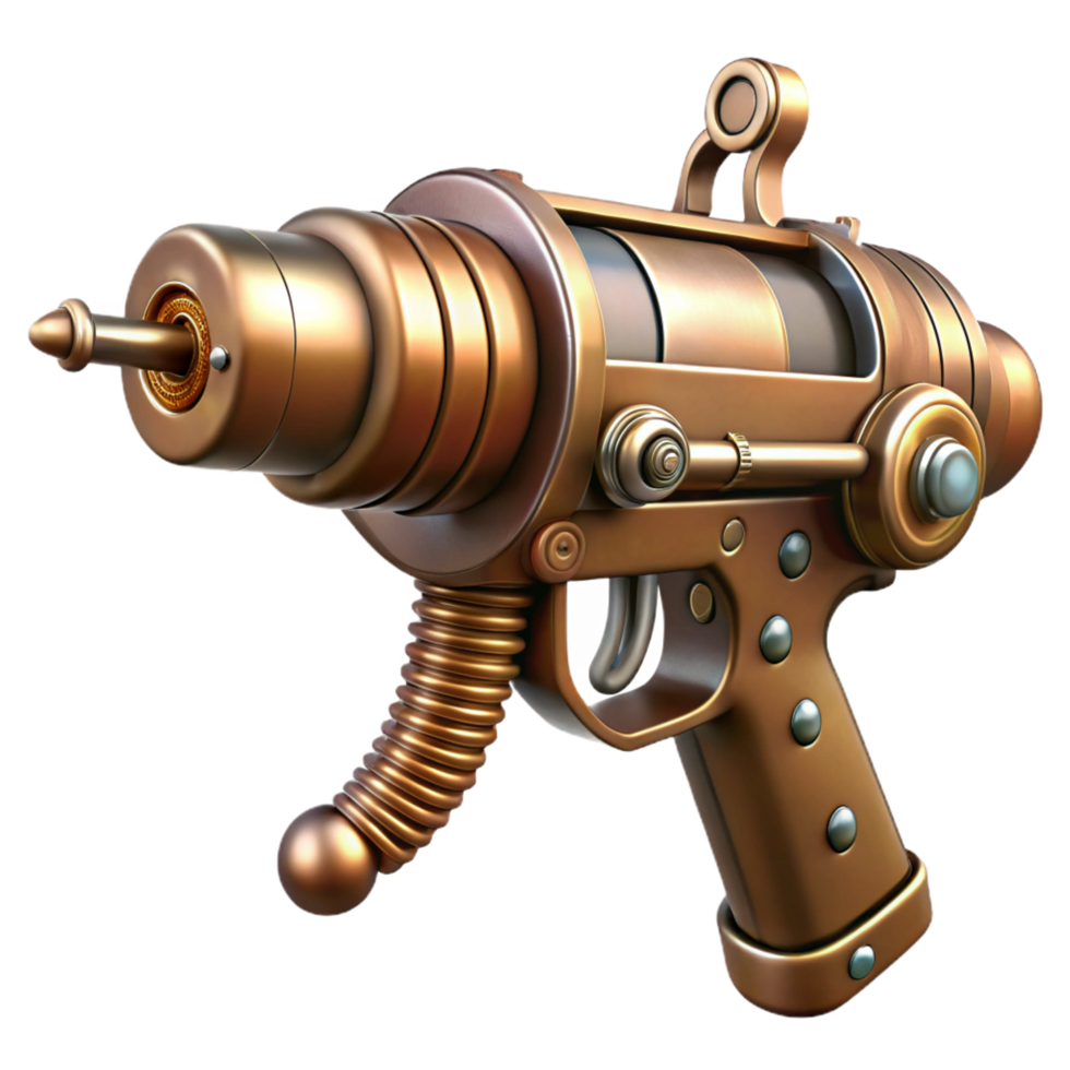 distinguished artistic Steampunk ray gun with copper plating and a wooden handle. NO BACKGROUND with Transparent Background. refined png