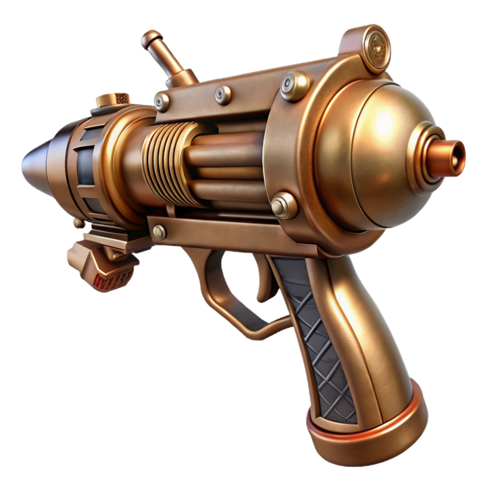 elegant inspired Steampunk ray gun with copper plating and a wooden handle. NO BACKGROUND with Transparent Background. png