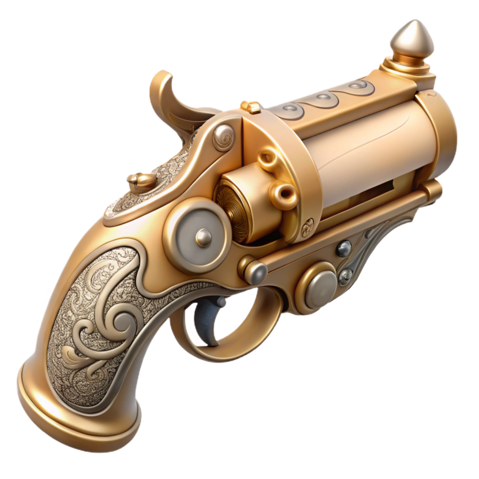 calm serene Steampunk pistol with an ivory grip and ornate engravings. NO BACKGROUND with Transparent Background. luxury png