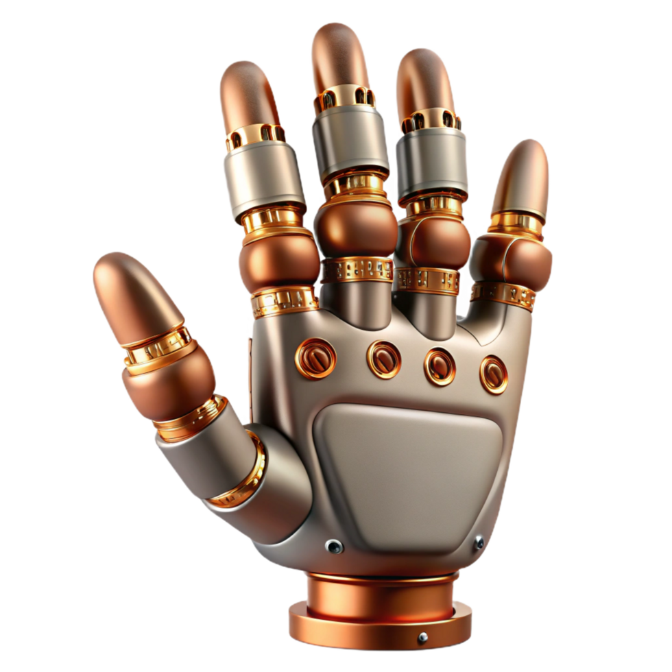 beautiful unparalleled Steampunk robot hand icon with articulated fingers and copper wiring. NO BACKGROUND with Transparent Background. png
