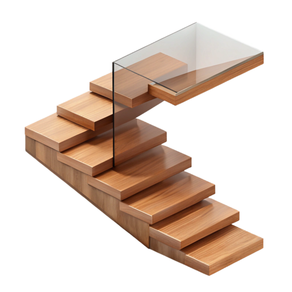 distinctive futuristic Modern staircase, floating wooden steps NO BACKGROUND with Transparent Background. sharp png