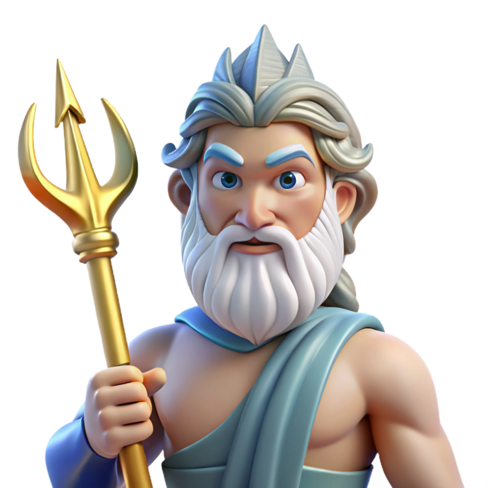 acclaimed urban Poseidon, God of the Sea, holding trident, NO BACKGROUND with Transparent Background. refined png