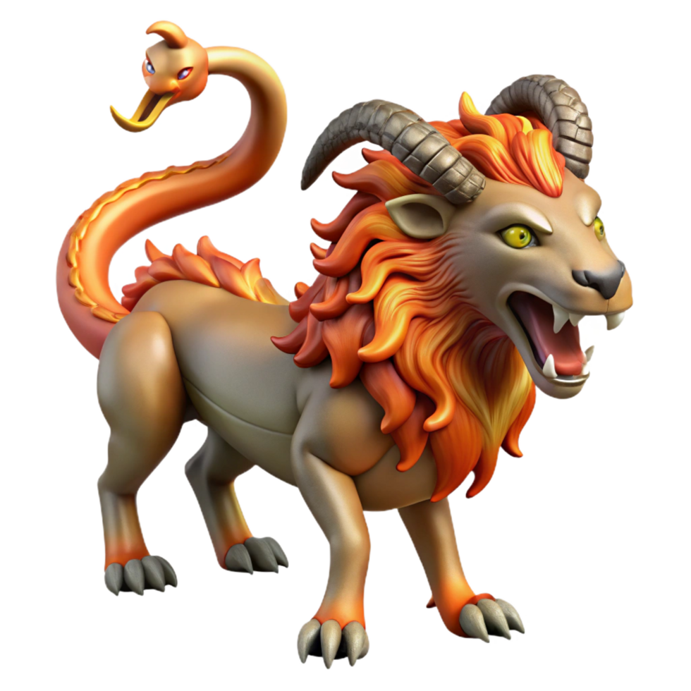 alluring bold traditional Chimera, fire-breathing monster, goat, lion, and snake parts, NO BACKGROUND with Transparent Background. fine detail png