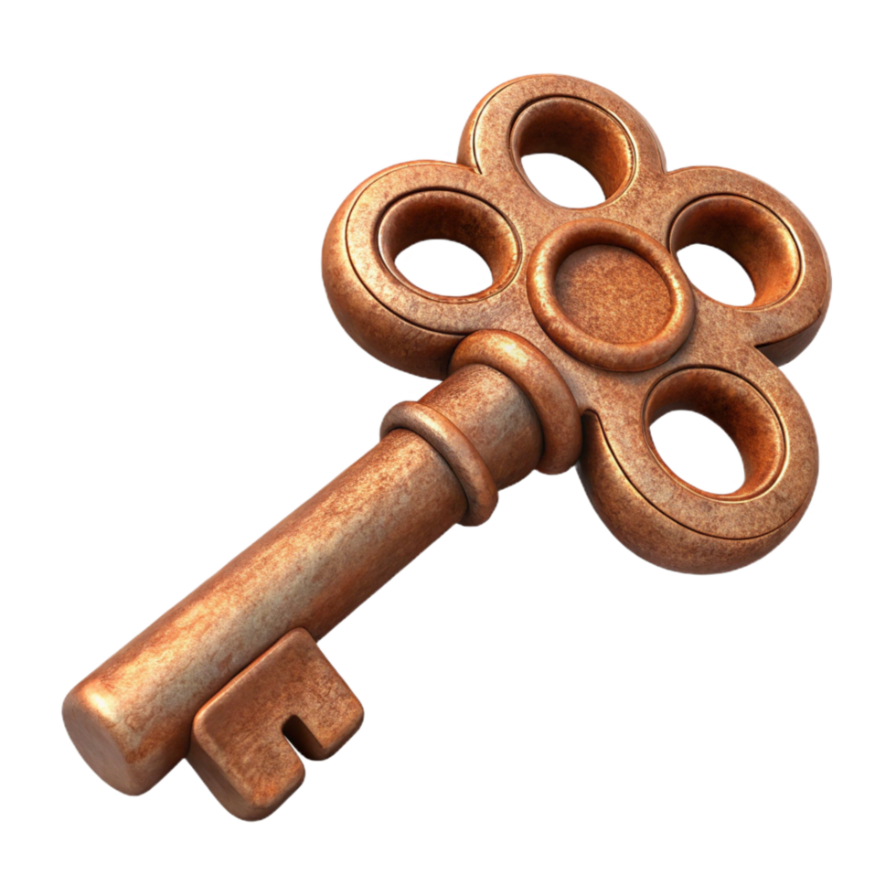 captivating traditional A single, ancient, rusty key with elaborate carvings, NO BACKGROUND with Transparent Background. flawless png