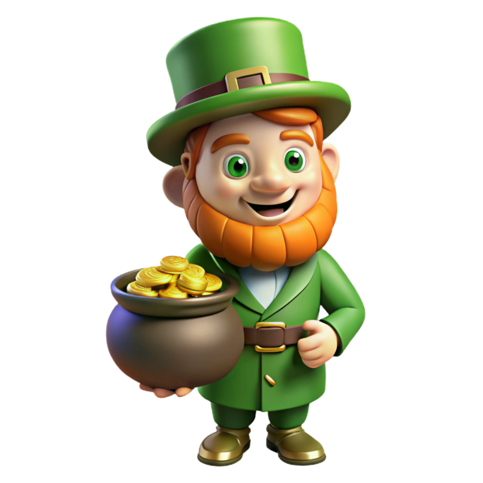 calm beautiful A mischievous leprechaun with a pot of gold, NO BACKGROUND with Transparent Background. handcrafted png