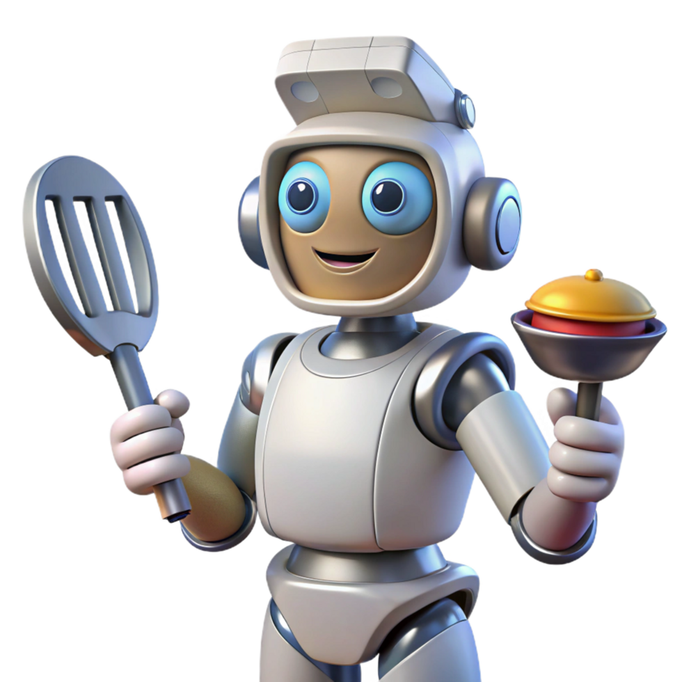 breathtaking standout Futuristic robot chef holding a spatula. NO BACKGROUND with Transparent Background. png