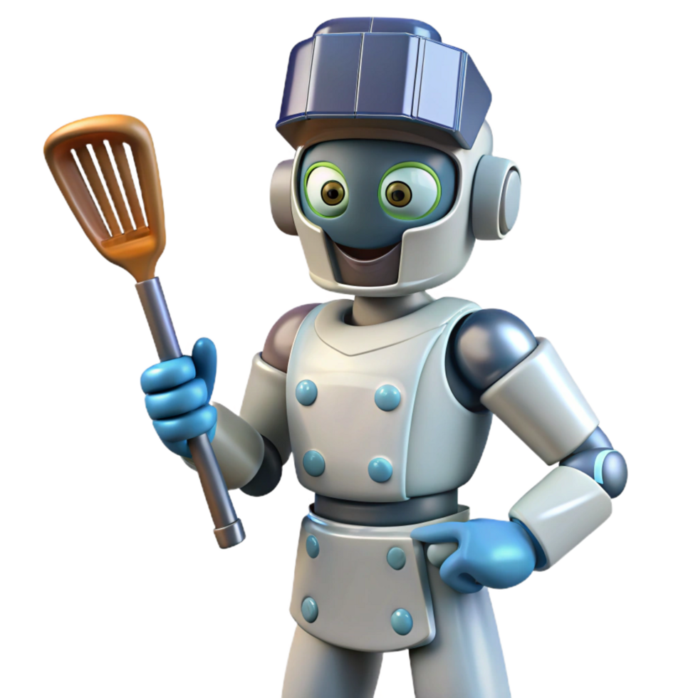 alluring distinguished Futuristic robot chef holding a spatula. NO BACKGROUND with Transparent Background. png