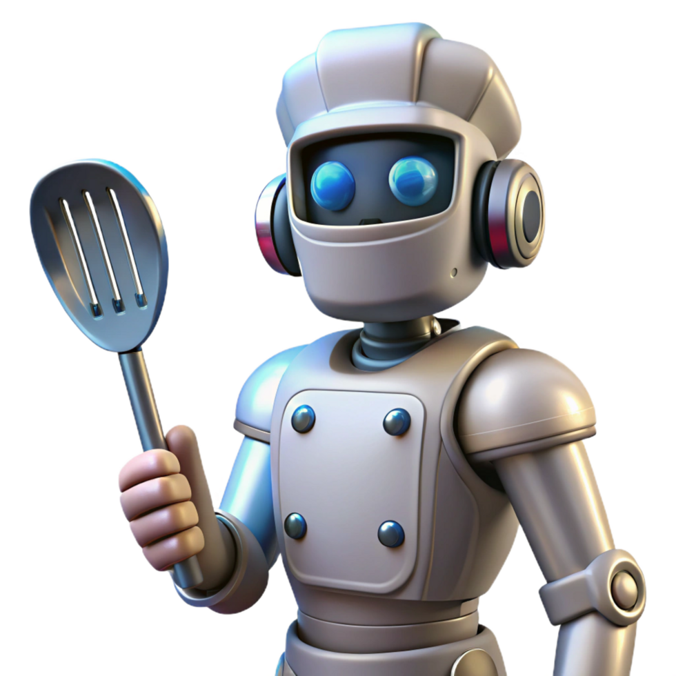 coveted organic Futuristic robot chef holding a spatula. NO BACKGROUND with Transparent Background. flawless png