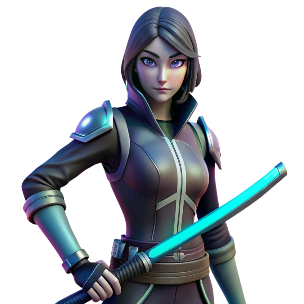 dramatic avant-garde Cyberpunk style female assassin with glowing katana. NO BACKGROUND with Transparent Background. flawless png