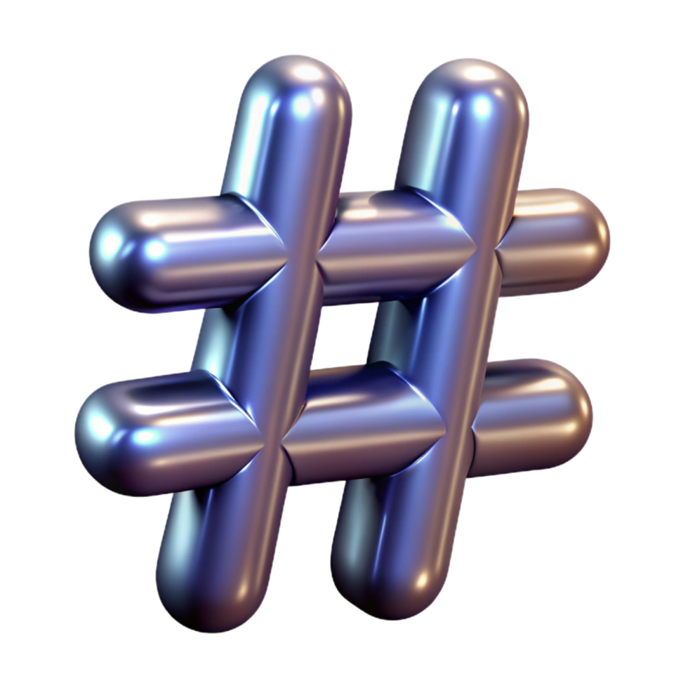 celebrated modern A single, stylized hashtag symbol with a metallic sheen. NO BACKGROUND with Transparent Background. premium png