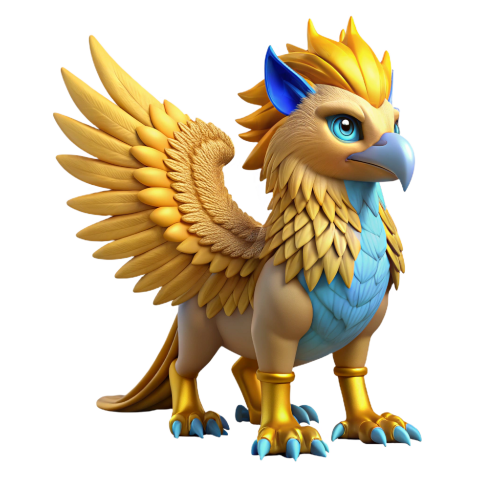 alluring geometric A majestic griffin with golden feathers and piercing blue eyes. NO BACKGROUND with Transparent Background. genuine png