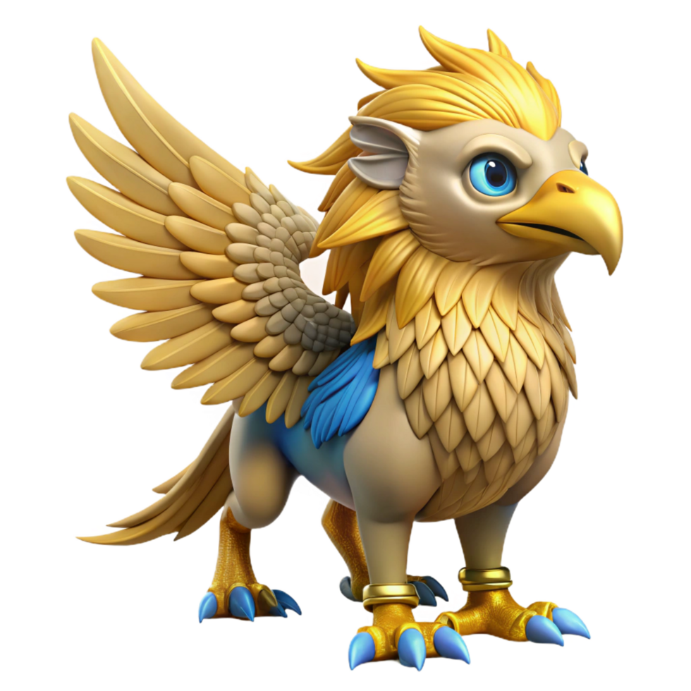 breathtaking memorable A majestic griffin with golden feathers and piercing blue eyes. NO BACKGROUND with Transparent Background. png