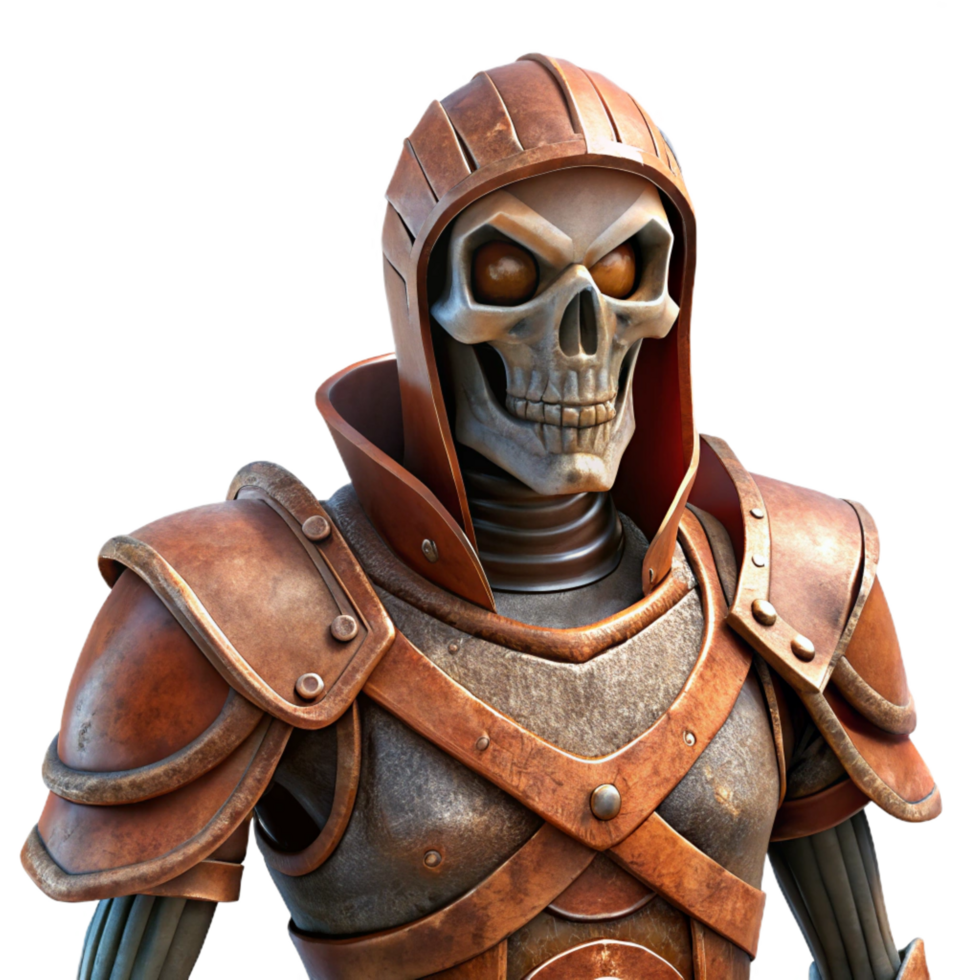 dreamy serene A menacing skeleton warrior clad in rusty armor. NO BACKGROUND with Transparent Background. top-tier png