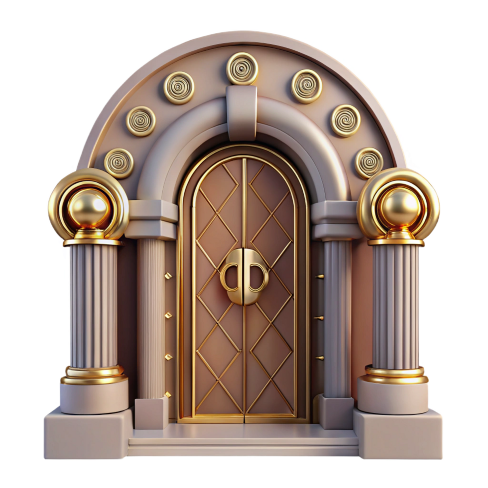 acclaimed elegant Art Deco doorway, intricate carvings, polished brass hardware. NO BACKGROUND with Transparent Background. studio quality png