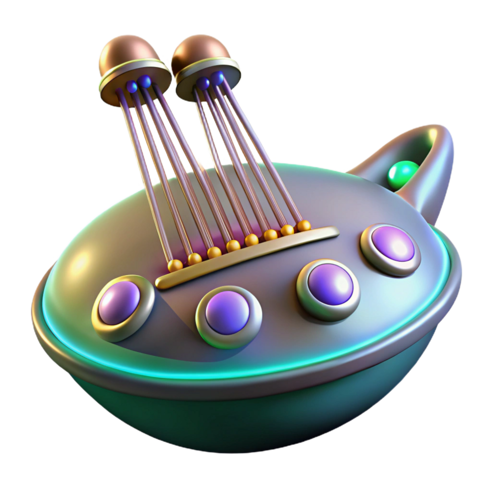celebrated victorian Alien musical instrument with glowing strings, NO BACKGROUND with Transparent Background. museum quality png
