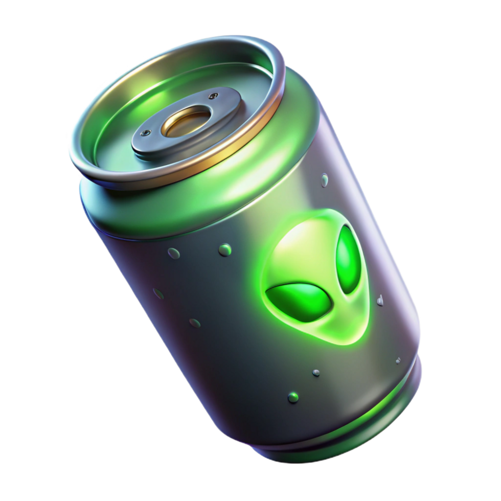 dazzling passionate rustic Alien energy drink can with glowing liquid, NO BACKGROUND with Transparent Background. precision png