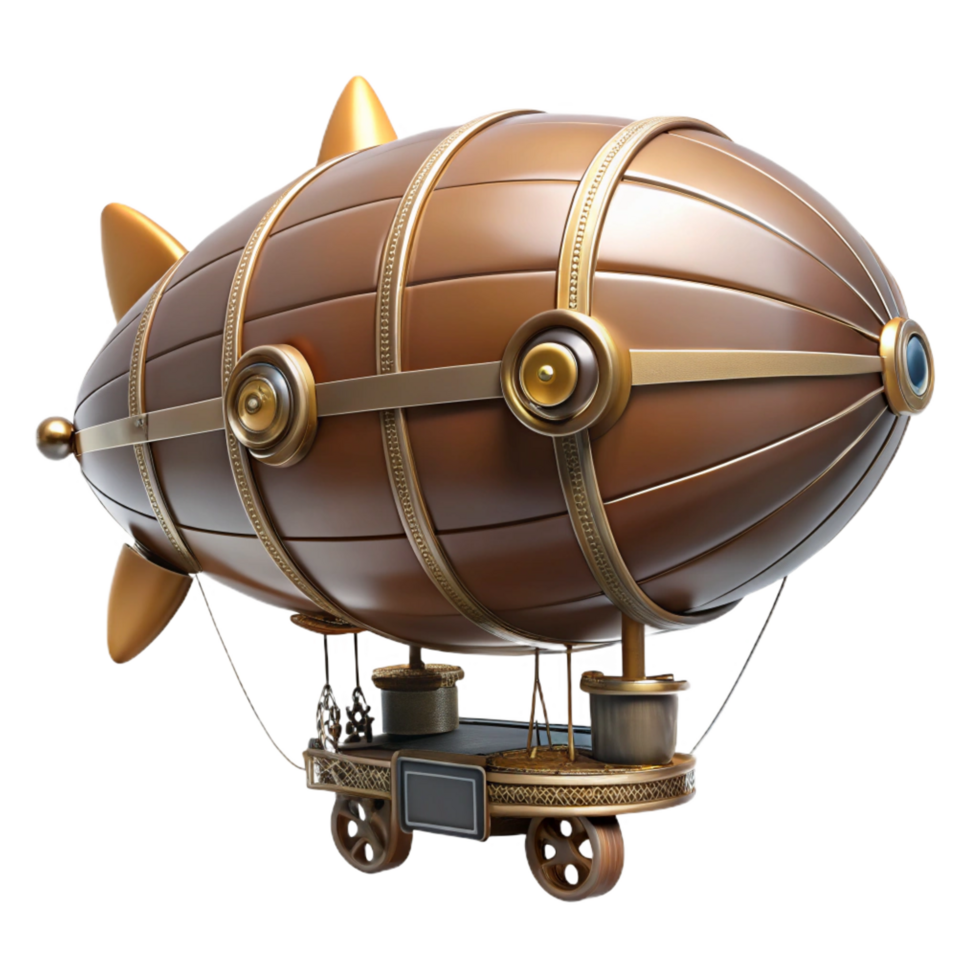 coveted modern Steampunk dirigible miniature model with intricate details and propellers. NO BACKGROUND with Transparent Background. premium png