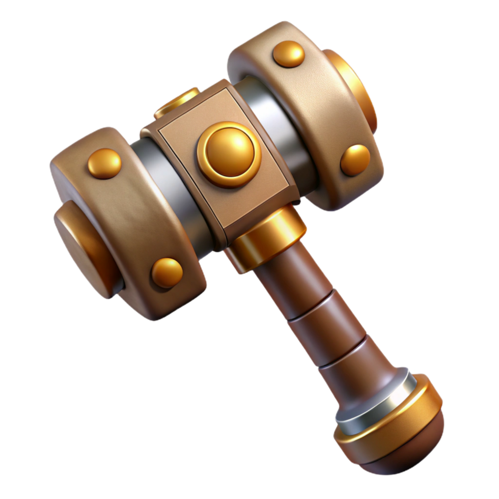 elegant industrial Steampunk hammer with a brass head and a wooden handle. NO BACKGROUND with Transparent Background. expertly shot png