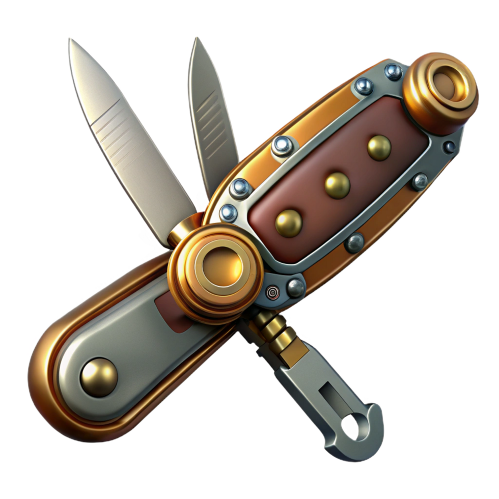 alluring signature Steampunk pocket knife with multiple blades and a brass handle. NO BACKGROUND with Transparent Background. png
