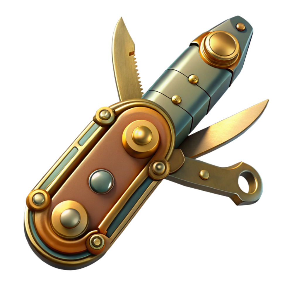 dreamy enchanting Steampunk pocket knife with multiple blades and a brass handle. NO BACKGROUND with Transparent Background. elite png