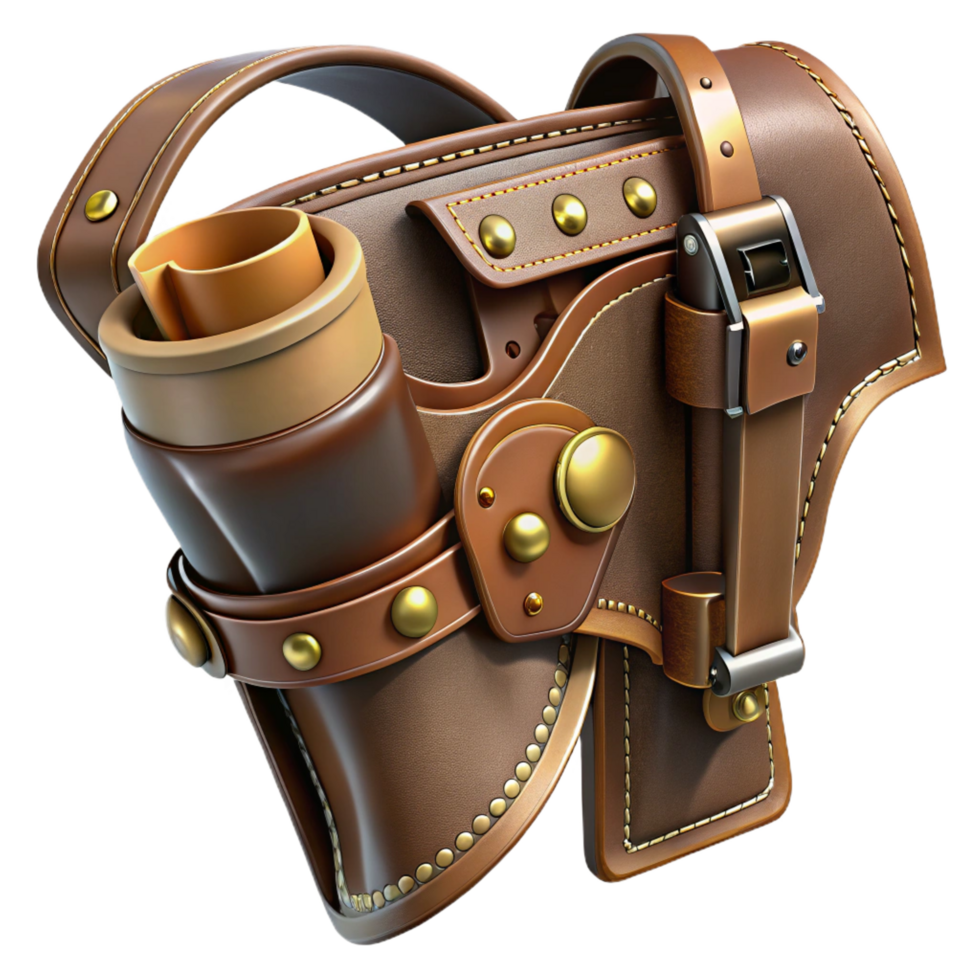 alluring coastal Steampunk pistol holster with leather straps and brass buckles. NO BACKGROUND with Transparent Background. sharp png