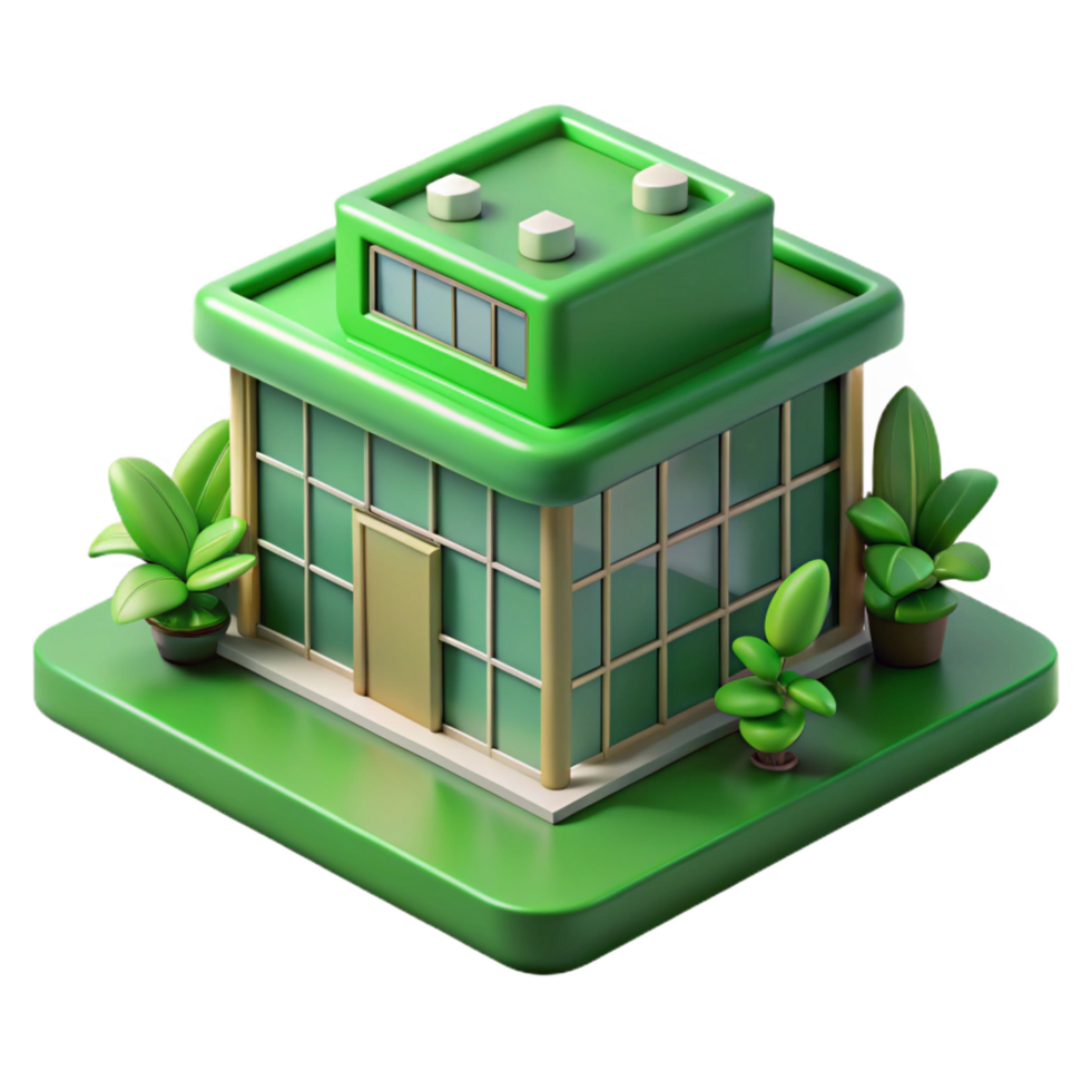 calm wonderful 3D model of a sustainable green building NO BACKGROUND with Transparent Background. gallery standard png