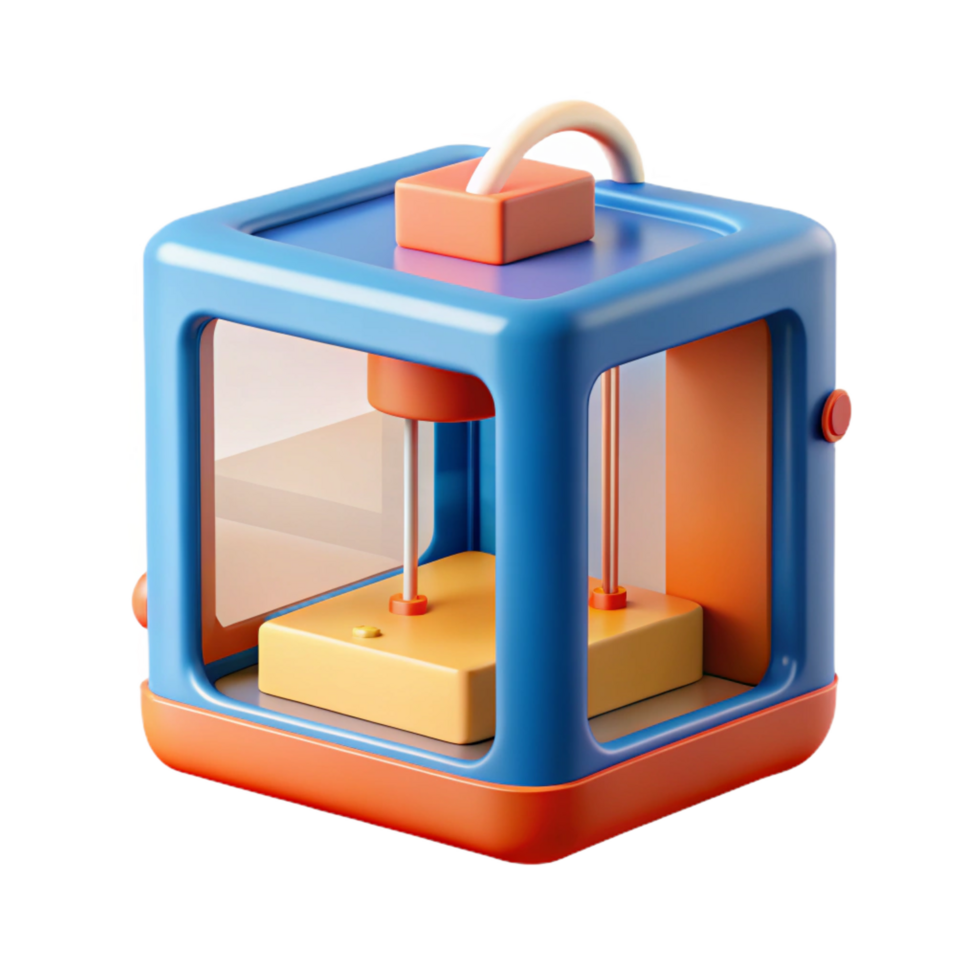 distinctive contemporary 3D printer printing a small object NO BACKGROUND with Transparent Background. 8K png