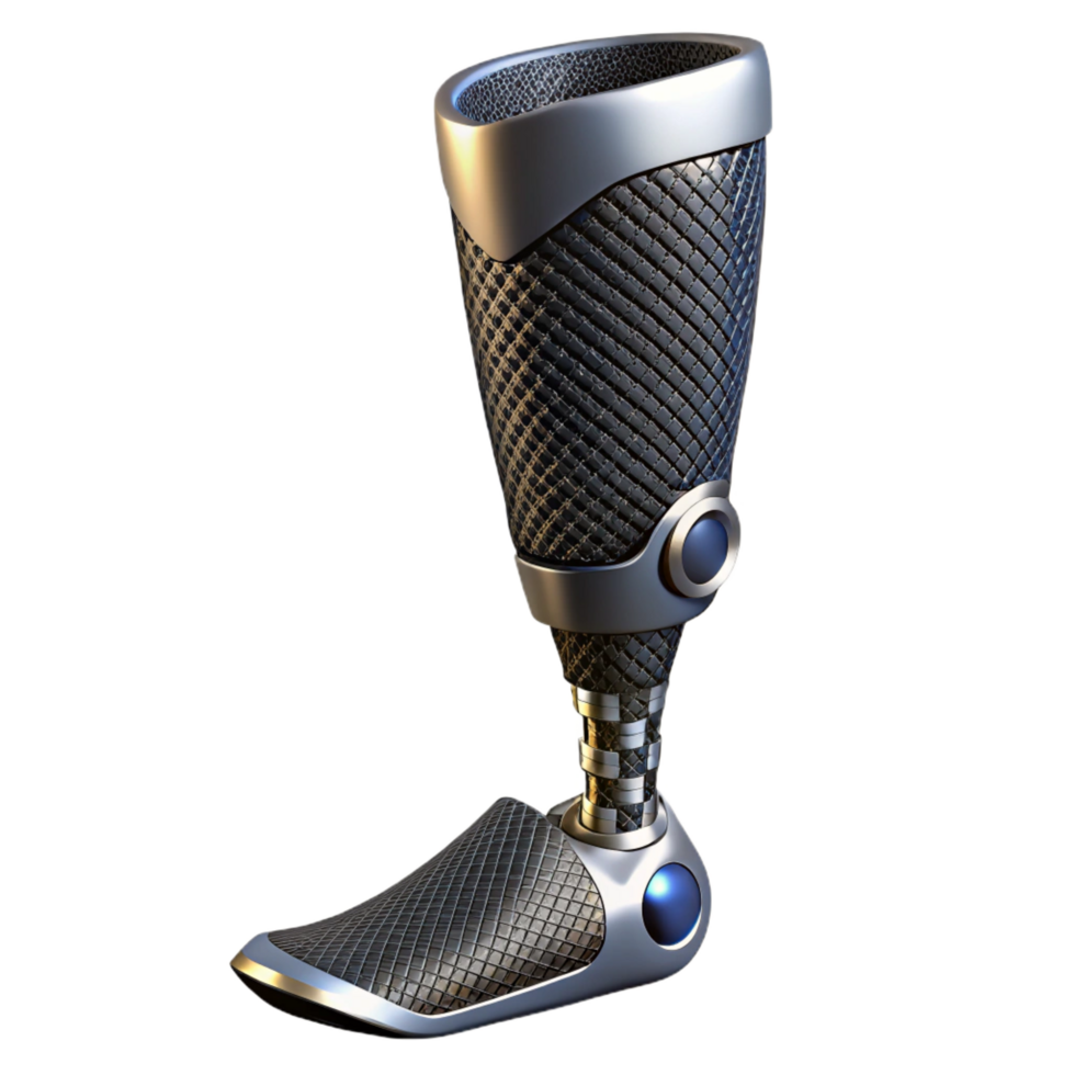 distinctive avant-garde High-tech prosthetic leg with carbon fiber components NO BACKGROUND with Transparent Background. professional png