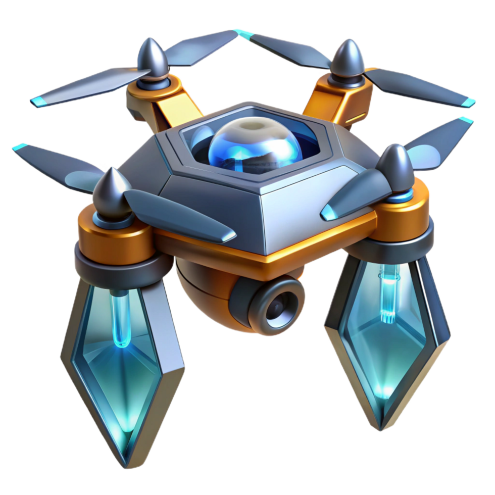 breathtaking bold organic Futuristic mining drone with laser drills NO BACKGROUND with Transparent Background. sharp png