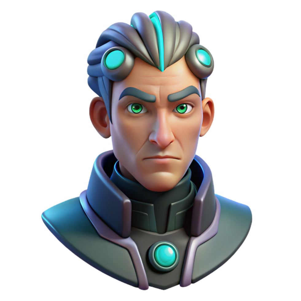 acclaimed geometric Cyberpunk character head with glowing cybernetic implants NO BACKGROUND with Transparent Background. museum quality png