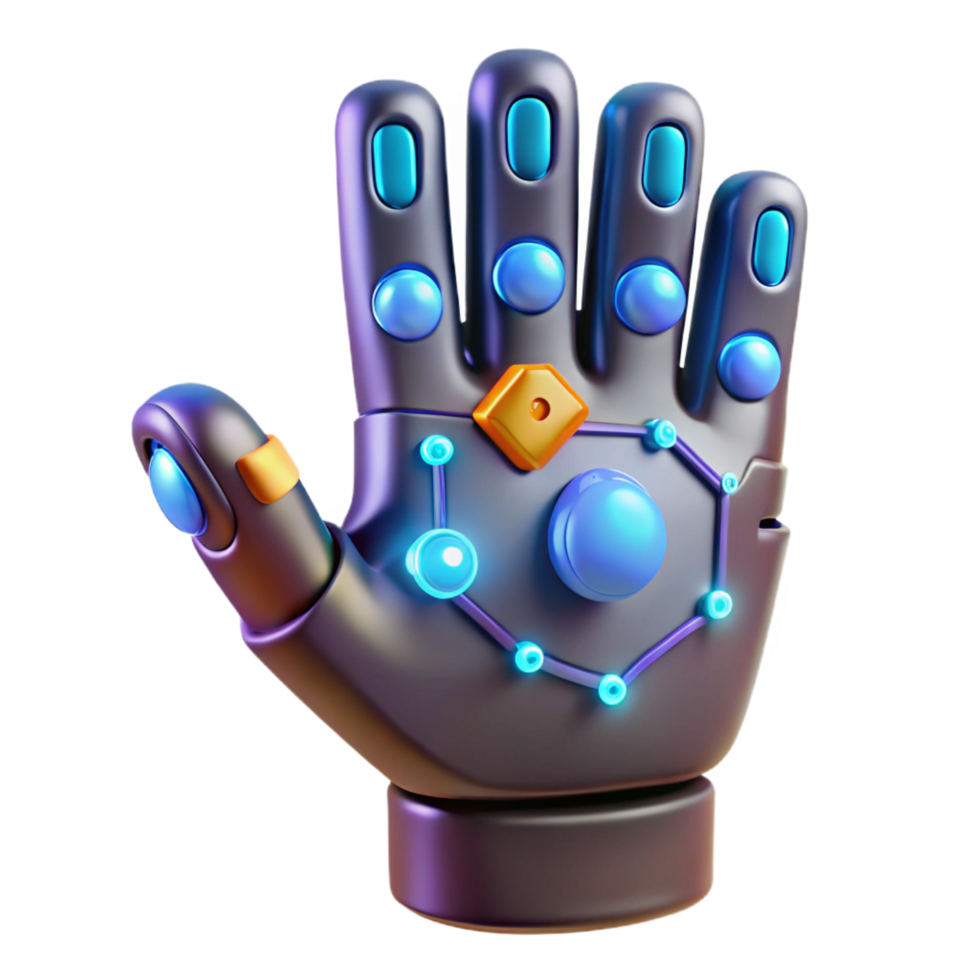 breathtaking retro Cyberpunk character hand with glowing data ports NO BACKGROUND with Transparent Background. authentic png