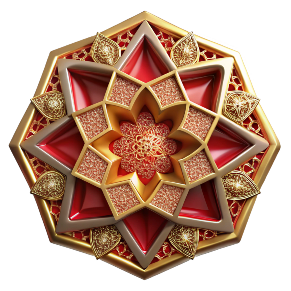 extraordinary rustic Intricate Islamic Geometric Pattern Cutout Red and Gold Isolated professional png