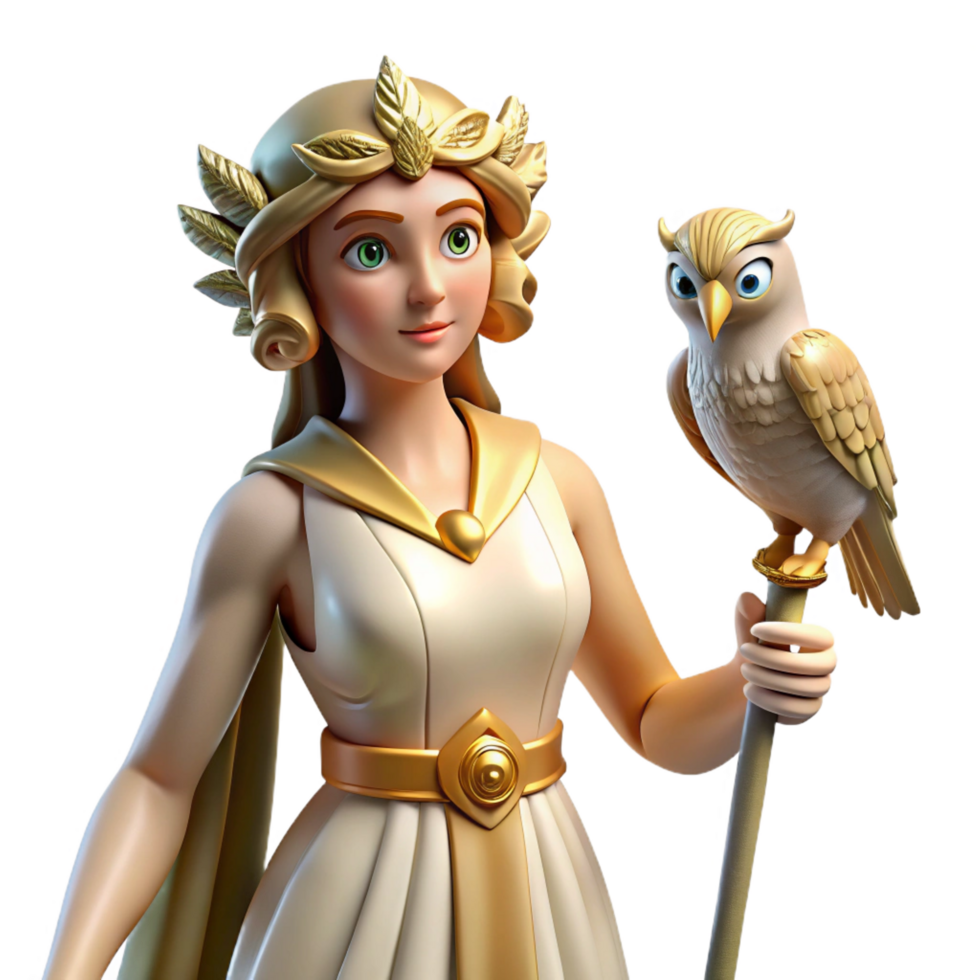 distinguished art deco Athena, Goddess of Wisdom, with an owl perched on her shoulder. NO BACKGROUND with Transparent Background. artisan png
