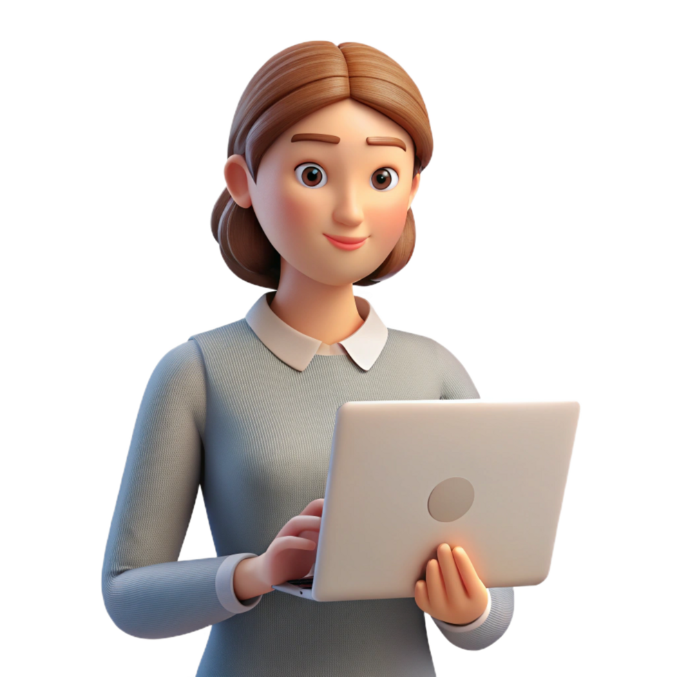 elegant whimsical victorian Thoughtful young woman with laptop, NO BACKGROUND with Transparent Background. high resolution png