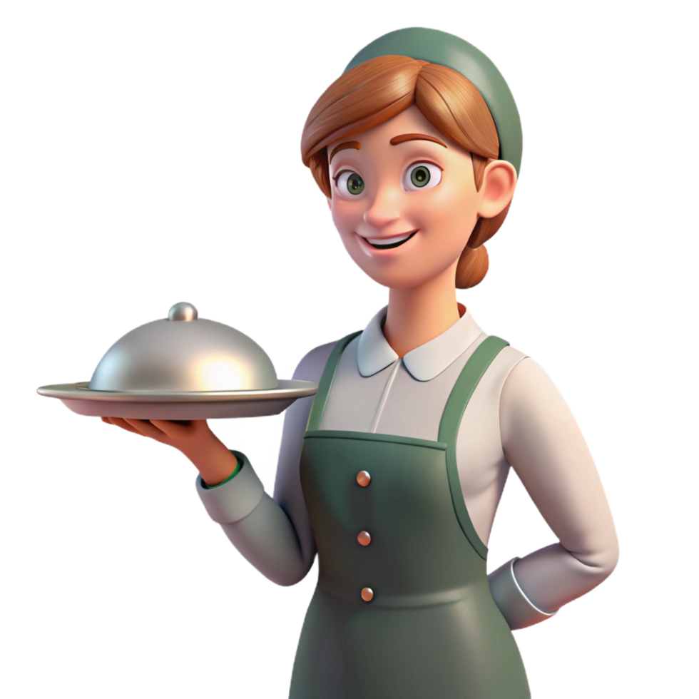 dramatic elegant Waitress holding tray, NO BACKGROUND with Transparent Background. premium png