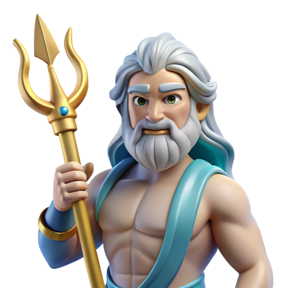 dramatic fascinating Poseidon, God of the Sea, wielding his trident. NO BACKGROUND with Transparent Background. perfect clarity png