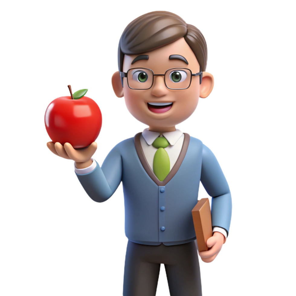 bold striking Teacher, holding apple, NO BACKGROUND with Transparent Background. 8K png