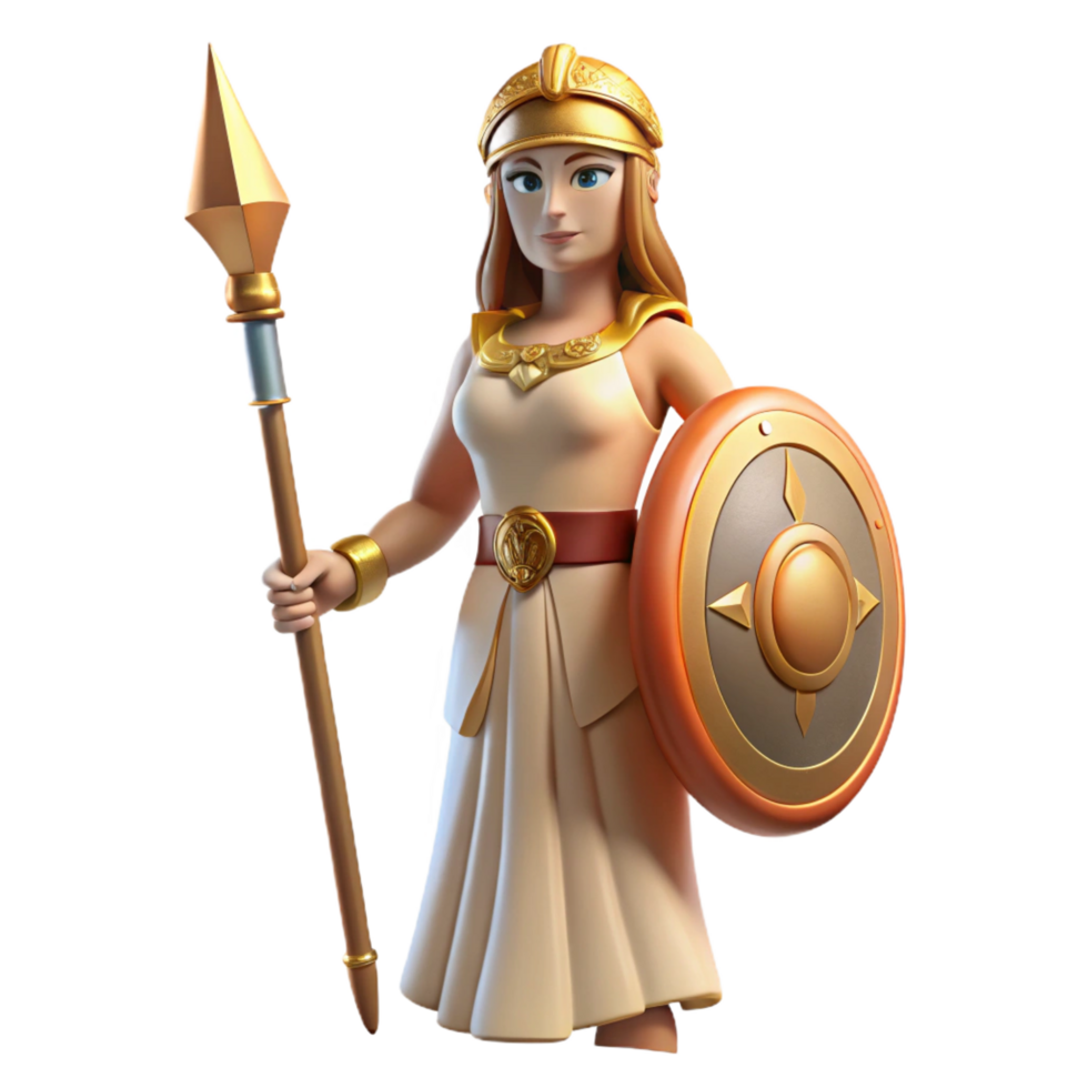 captivating dreamy rustic Athena, Goddess of Wisdom, holding spear and shield, NO BACKGROUND with Transparent Background. luxury png