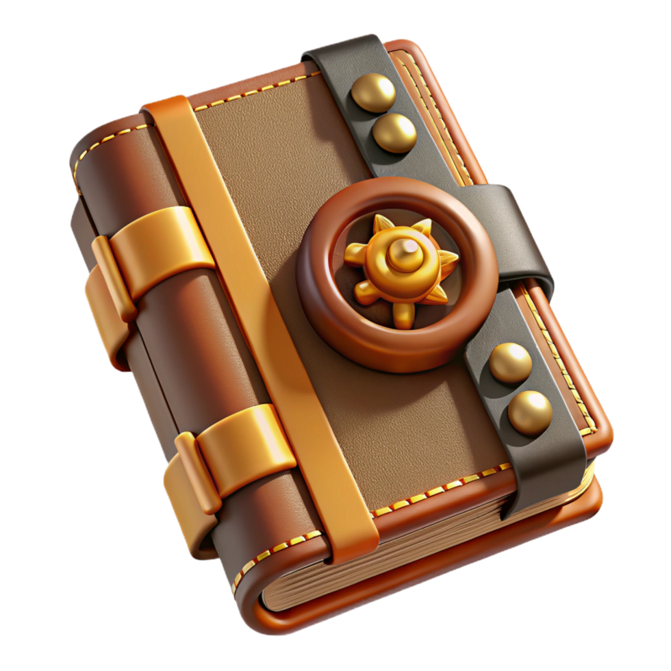 captivating coveted Steampunk leather-bound journal with metal clasps and gears. NO BACKGROUND with Transparent Background. png