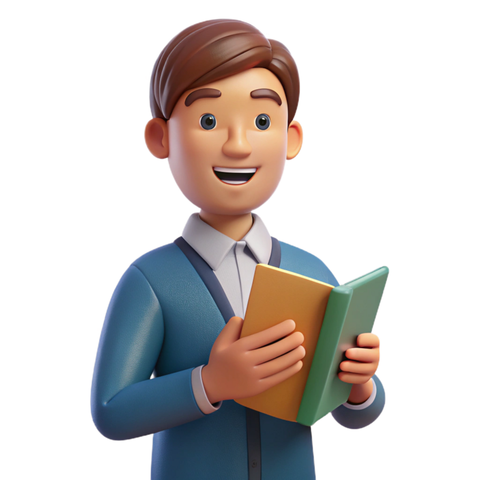 dreamy impressive Teacher holding a book, NO BACKGROUND with Transparent Background. crisp png