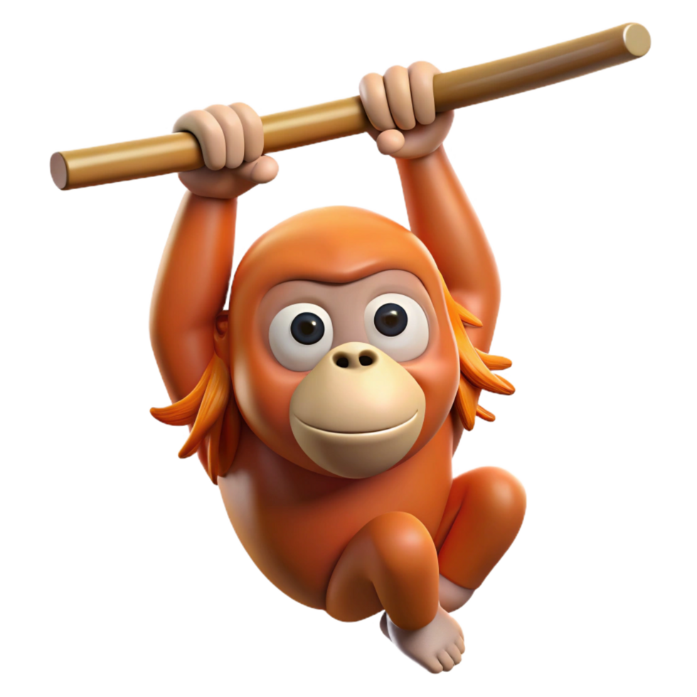 acclaimed modern A orangutan, hanging from a branch branch not visible. NO BACKGROUND with Transparent Background. impeccable png