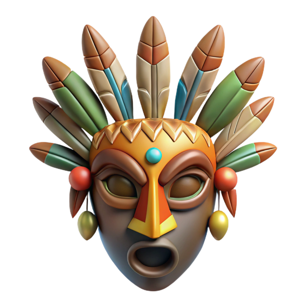 distinguished retro A stylized, tribal mask, adorned with feathers and beads. NO BACKGROUND with Transparent Background. original png