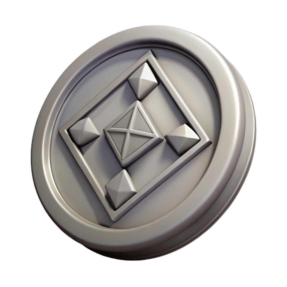 beautiful acclaimed A single, ancient coin with cryptic symbols. NO BACKGROUND with Transparent Background. png