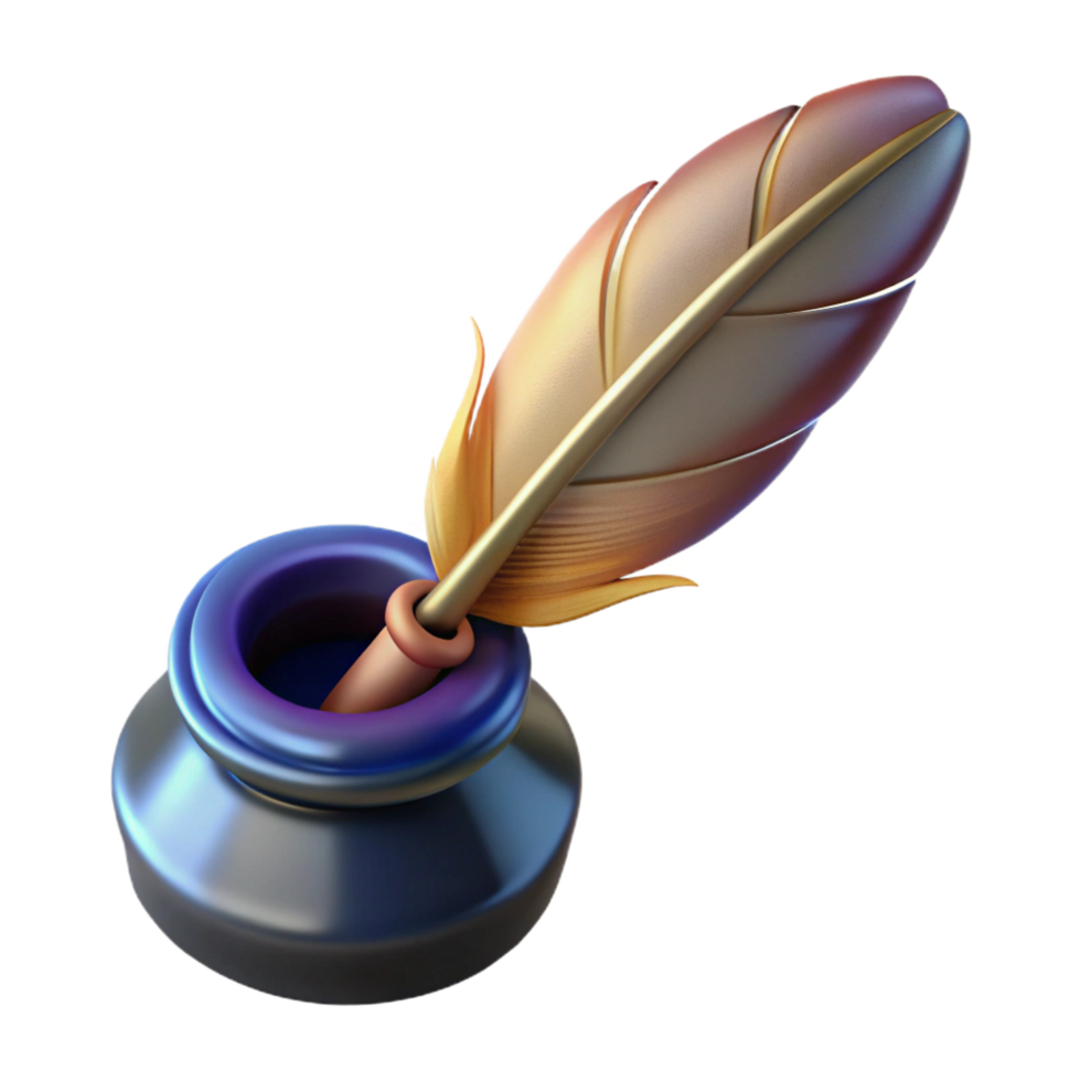 celebrated vintage A single, stylized feather pen with an inkwell. NO BACKGROUND with Transparent Background. 4K png