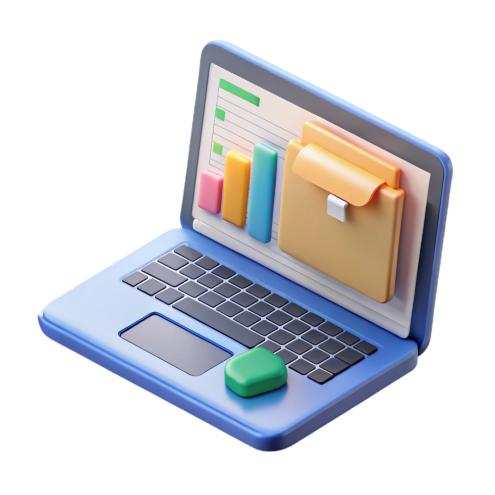 dramatic elegant Laptop with project management software open NO BACKGROUND with Transparent Background. studio quality png