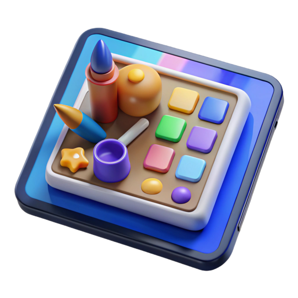 dazzling avant-garde Tablet displaying digital art creation software NO BACKGROUND with Transparent Background. high quality png