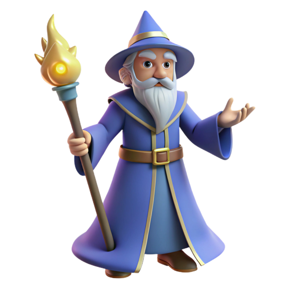 celebrated bohemian A powerful wizard, staff in hand, casting a spell. NO BACKGROUND with Transparent Background. handcrafted png