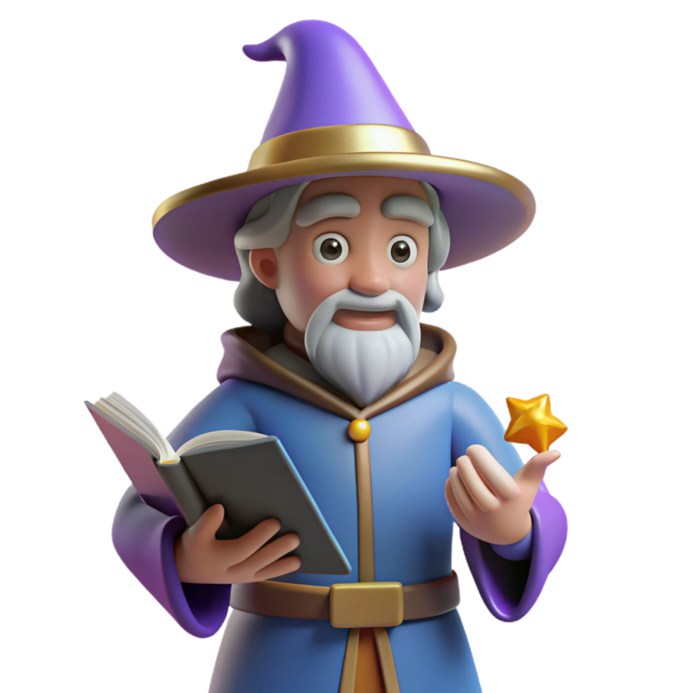 dreamy dramatic A whimsical, cartoon-style wizard, holding a spellbook. NO BACKGROUND with Transparent Background. authentic png