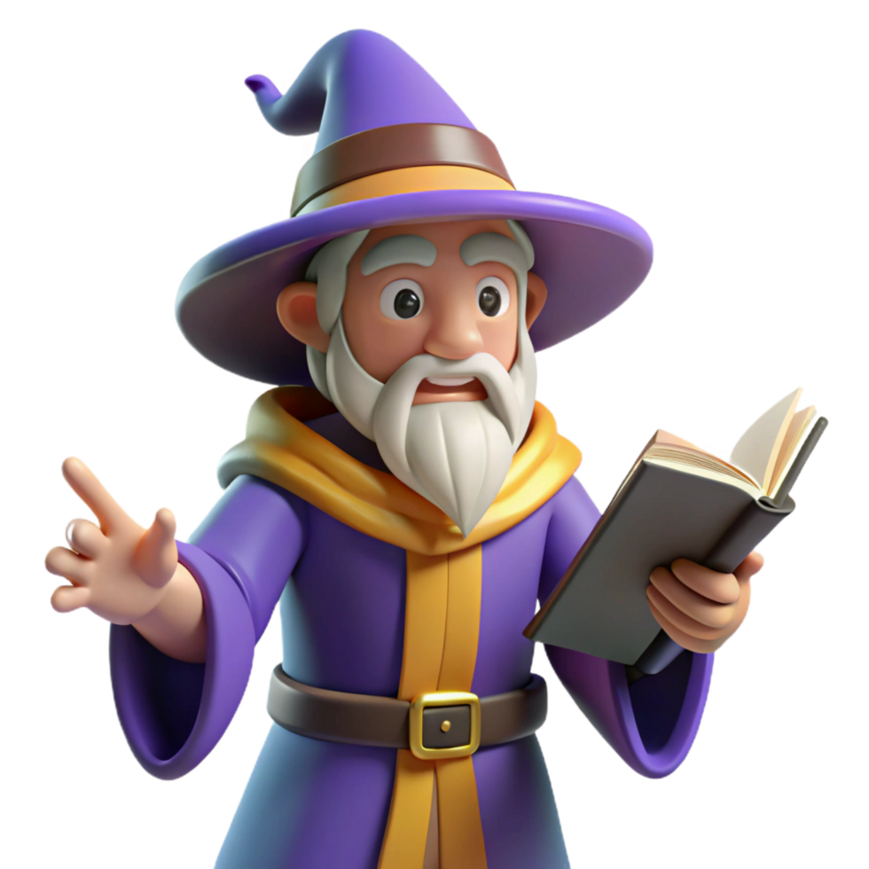 distinctive victorian A whimsical, cartoon-style wizard, holding a spellbook. NO BACKGROUND with Transparent Background. top-tier png