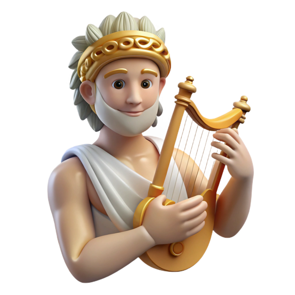 dynamic magnificent Apollo, God of Music and Poetry, playing a lyre NO BACKGROUND with Transparent Background. 8K png